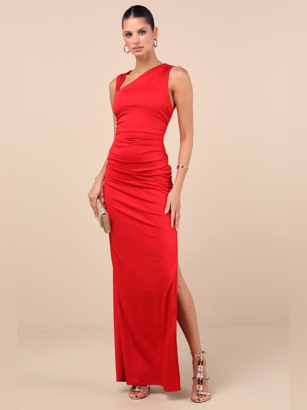 Lulus Enticing Darling Red Asymmetrical Ruched Maxi Dress Size XS